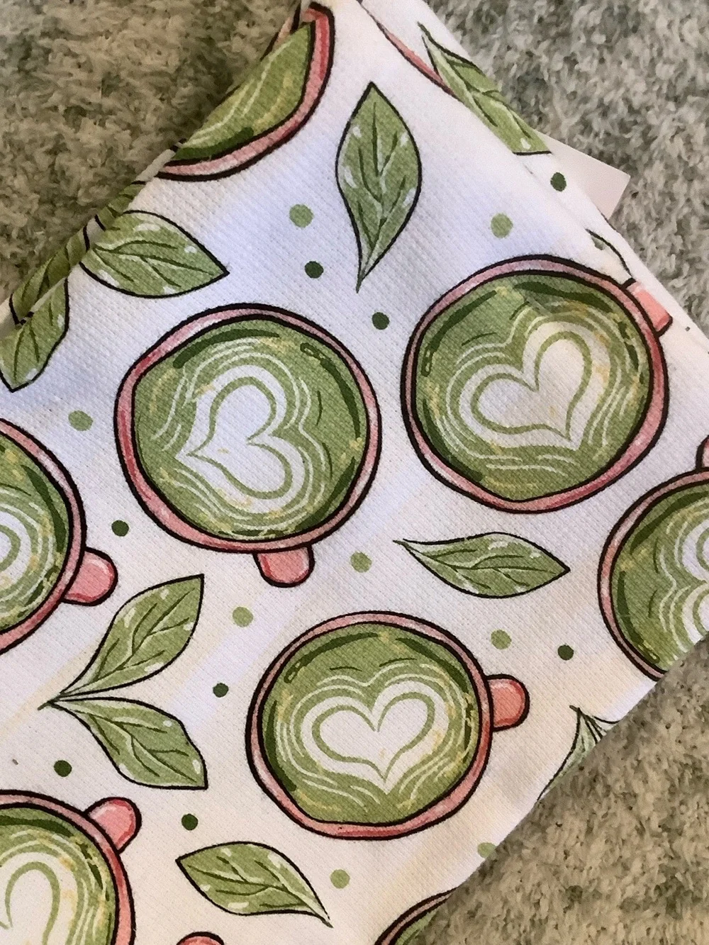 Bliss Green and Pink Matcha Latte Drinks Kitchen Towels Set of Two NWT Cotton